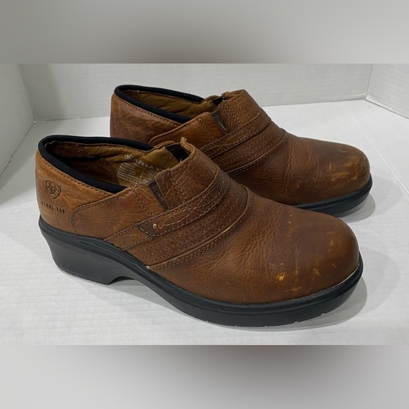 ARIAT STEEL TOE Brown Safety Clogs Slip On Leather Shoes 10002367 Womens 7.5 B - Picture 2 of 9